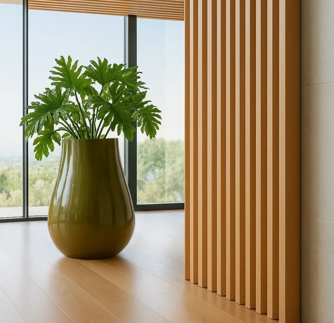 Olive green vase with philodendron by wood slat wall